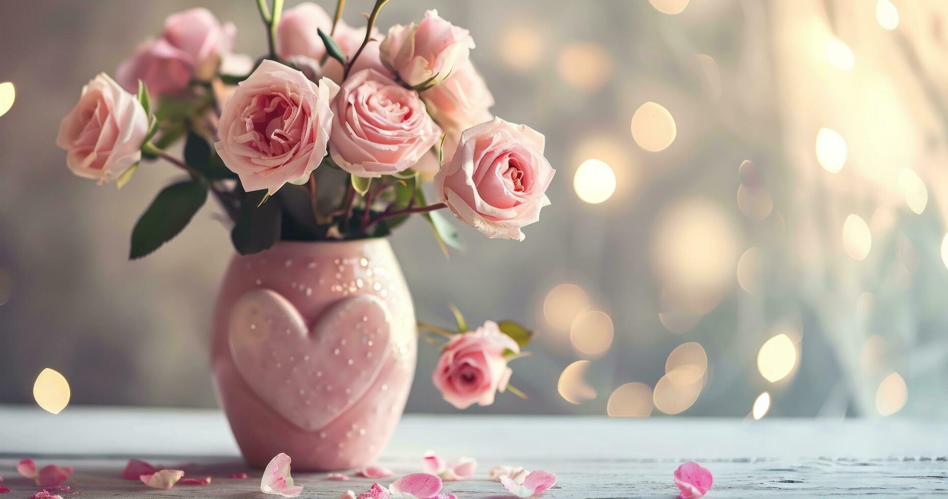 ai gegenereerd roze rozen versierd in roze vaas met liefde hart foto