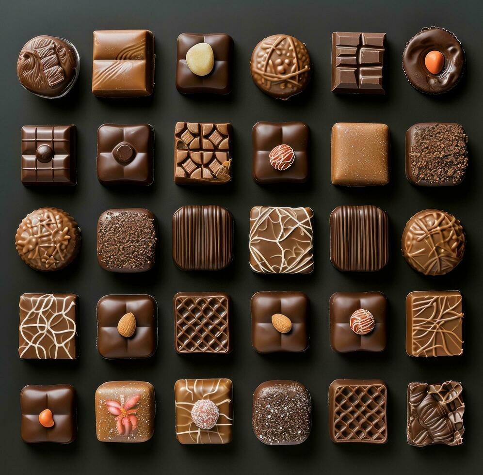 ai gegenereerd sommige chocolaatjes Aan een vlak zwart oppervlakte realist levensecht nauwkeurigheid foto