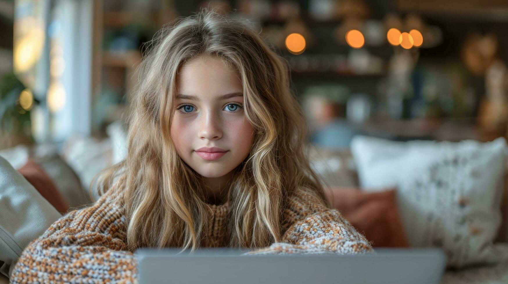ai gegenereerd mooi hoor 11 jaren oud meisje met laptop in de kamer foto