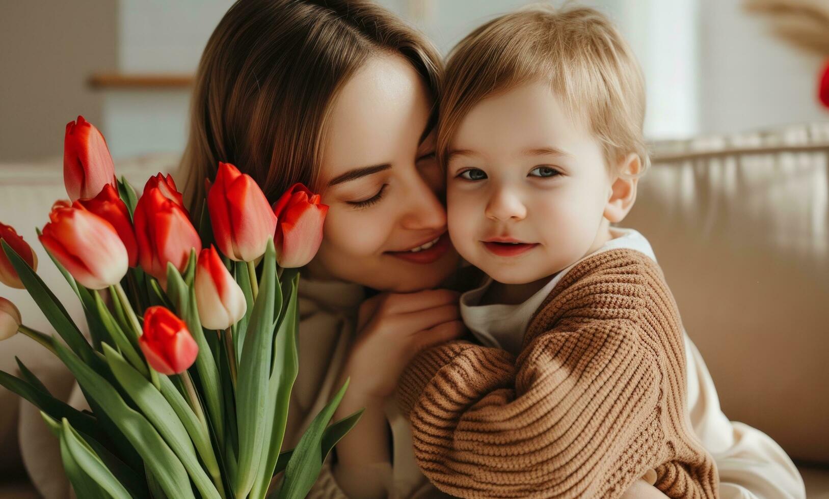 ai gegenereerd moeder knuffelen haar zoon met tulpen en moeder zoenen hem foto