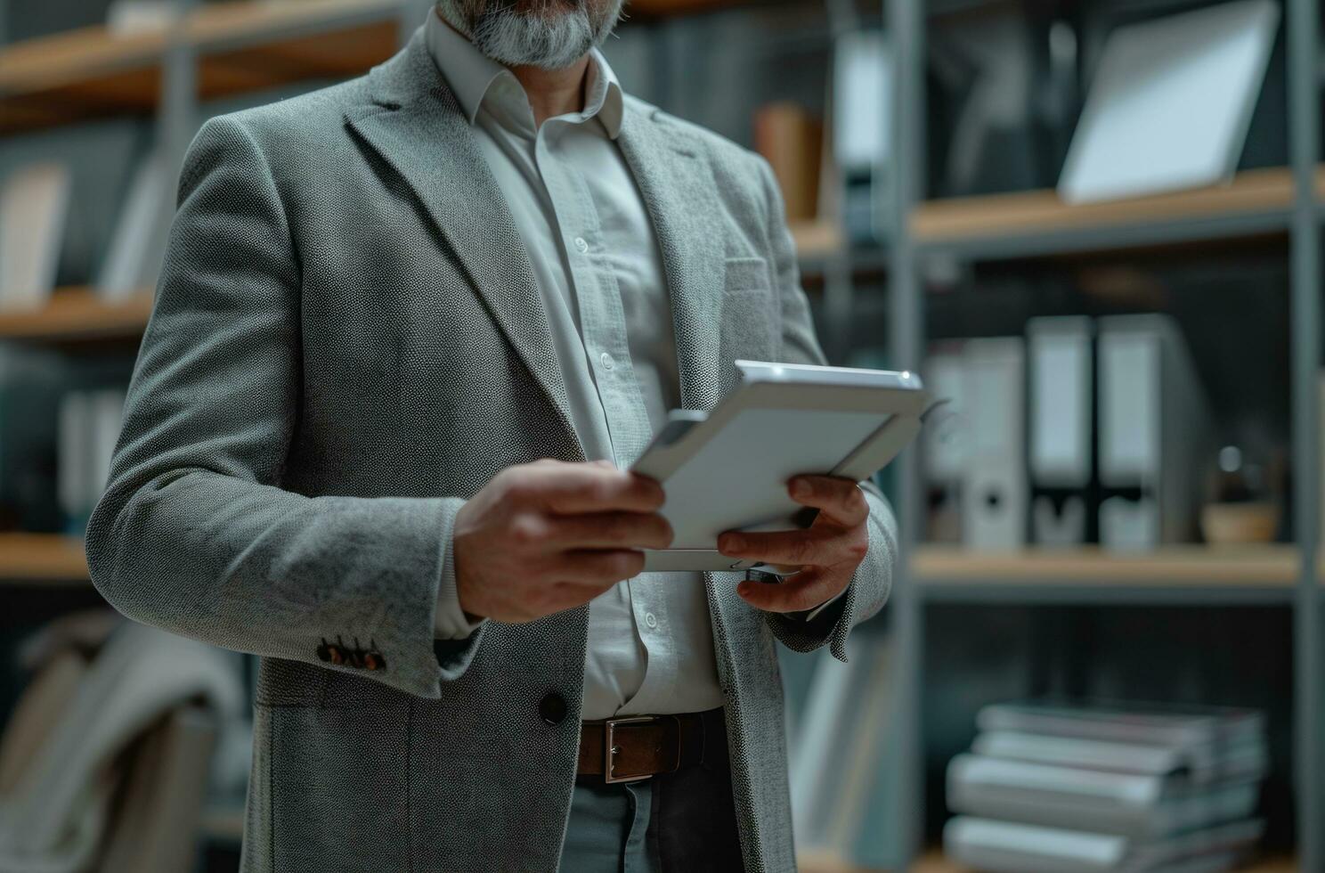 ai gegenereerd een Mens Holding een tablet pc in de kantoor foto