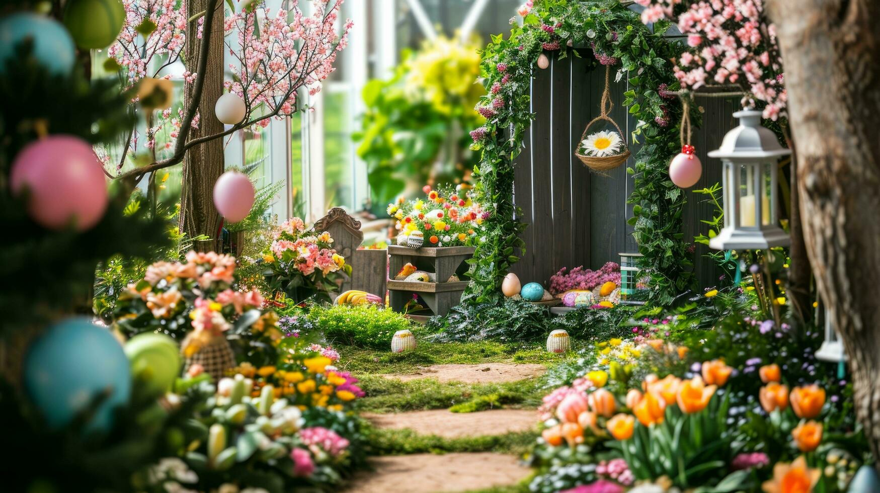ai gegenereerd een weelderig tuin versierd met Pasen-thema decor, creëren een uitnodigend tafereel voor feestelijk reclame foto