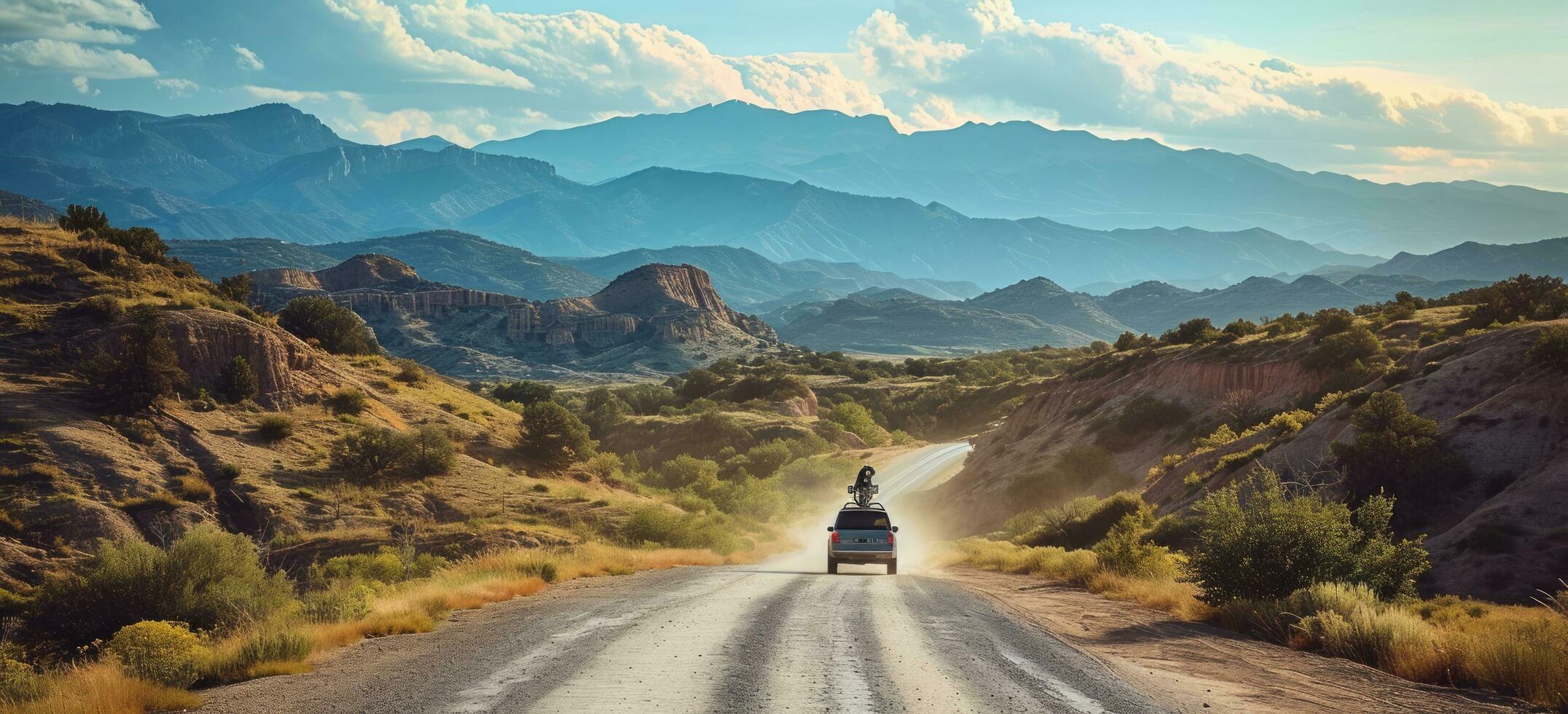 ai gegenereerd een suv Aan een kronkelend weg met een fiets Aan top foto