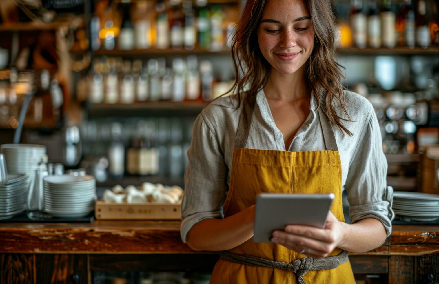 ai gegenereerd barman staand in een restaurant met tablet Aan haar pols foto