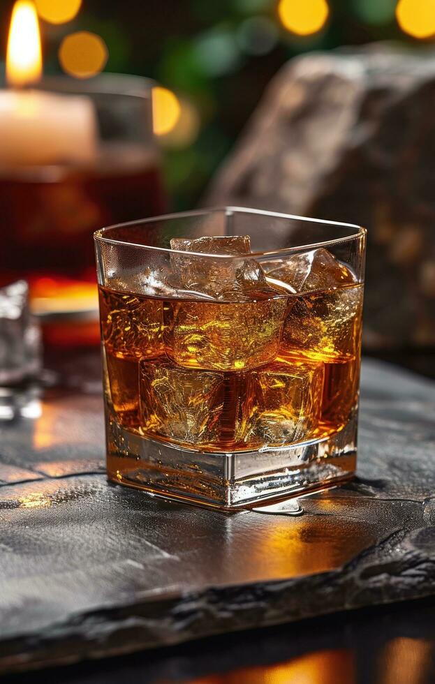 ai gegenereerd whisky, drinken en ijs, in de stijl van ondoorzichtig hars panelen foto