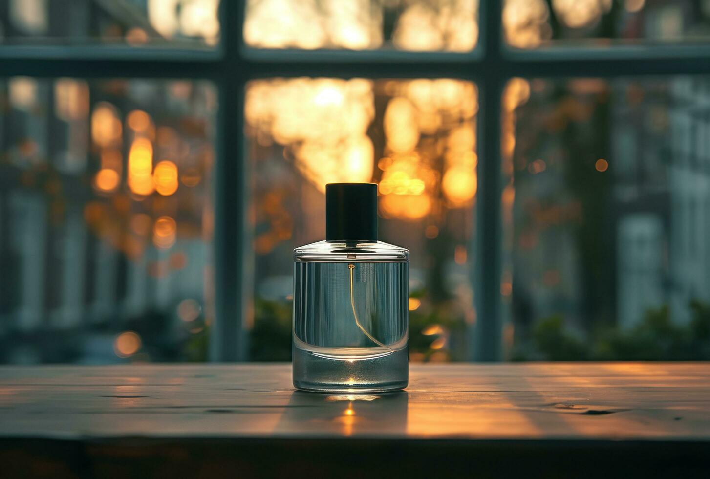 ai gegenereerd een fles van parfum Aan een plank in de afstand foto