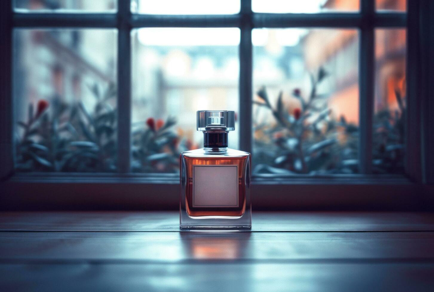 ai gegenereerd een fles van parfum Aan een plank in de afstand foto