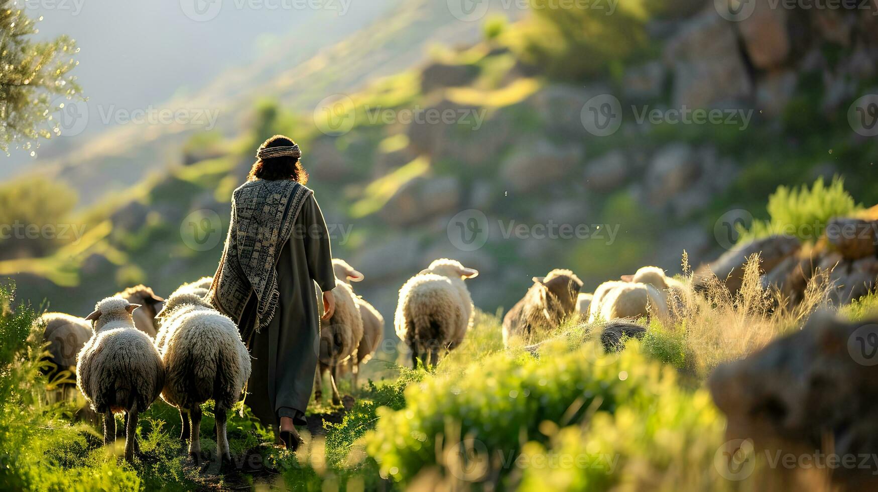 ai gegenereerd Jezus Christus, mooi zo herder en kudde van schapen foto