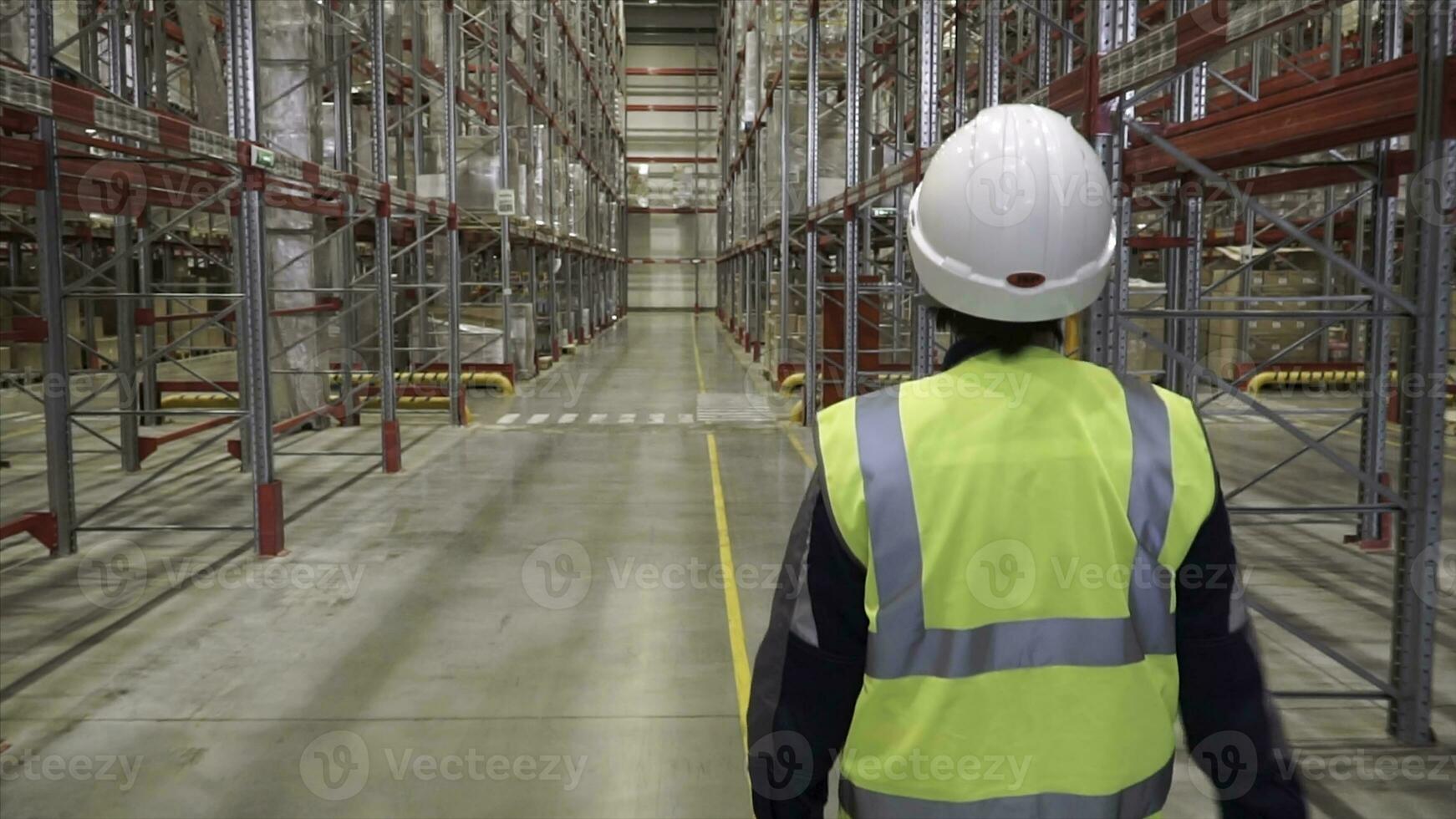 schot van vrouw industrieel arbeider in de moeilijk hoed wandelen door zwaar industrie fabricage fabriek. klem. terug visie van vrouw magazijn arbeider vervelend beschermend stofbril en helm foto