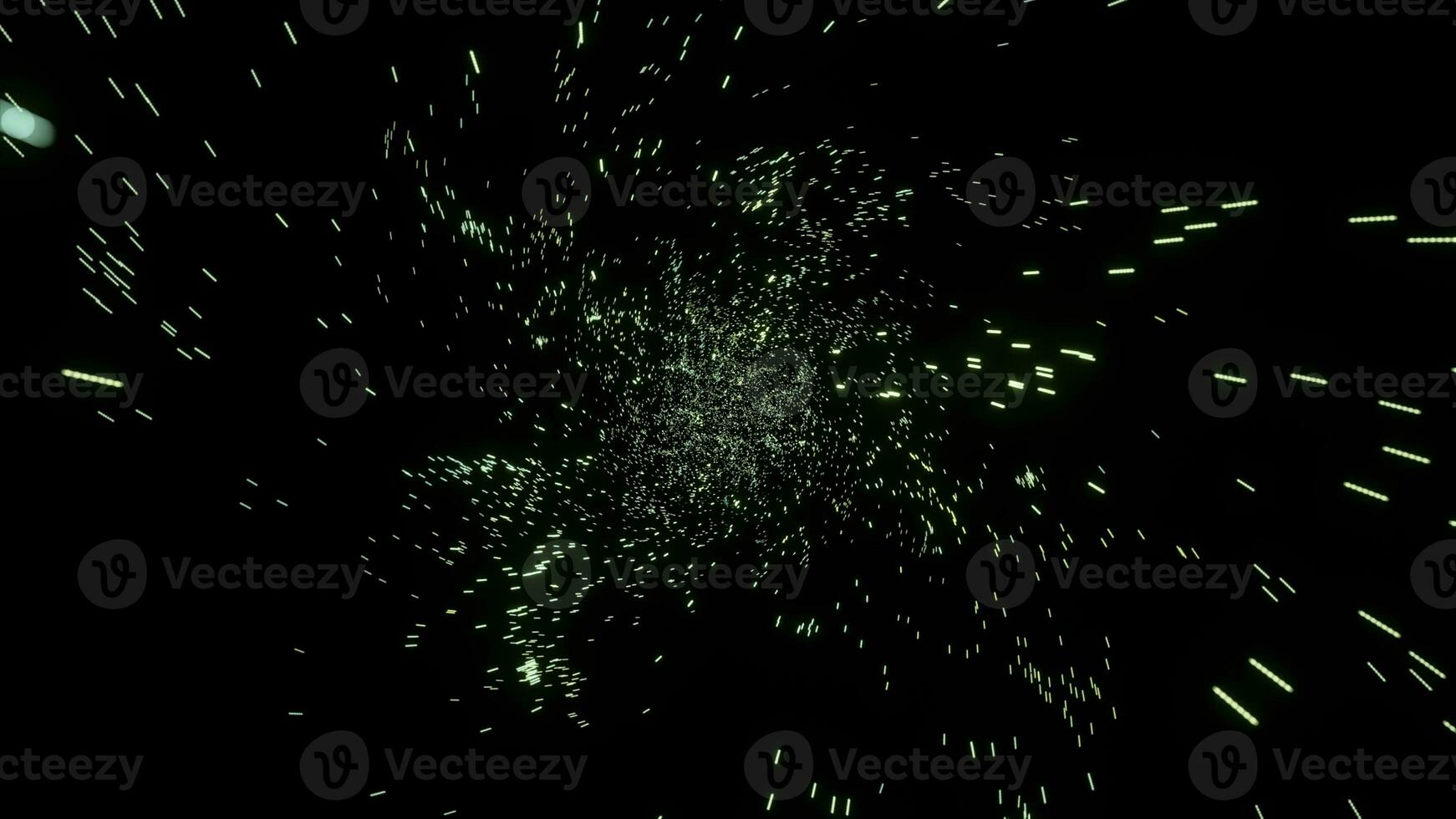donker achtergrond. beweging.groen vliegend deeltjes in tekenfilm animatie dat creëren ruimte draaiend in de omgeving van. foto