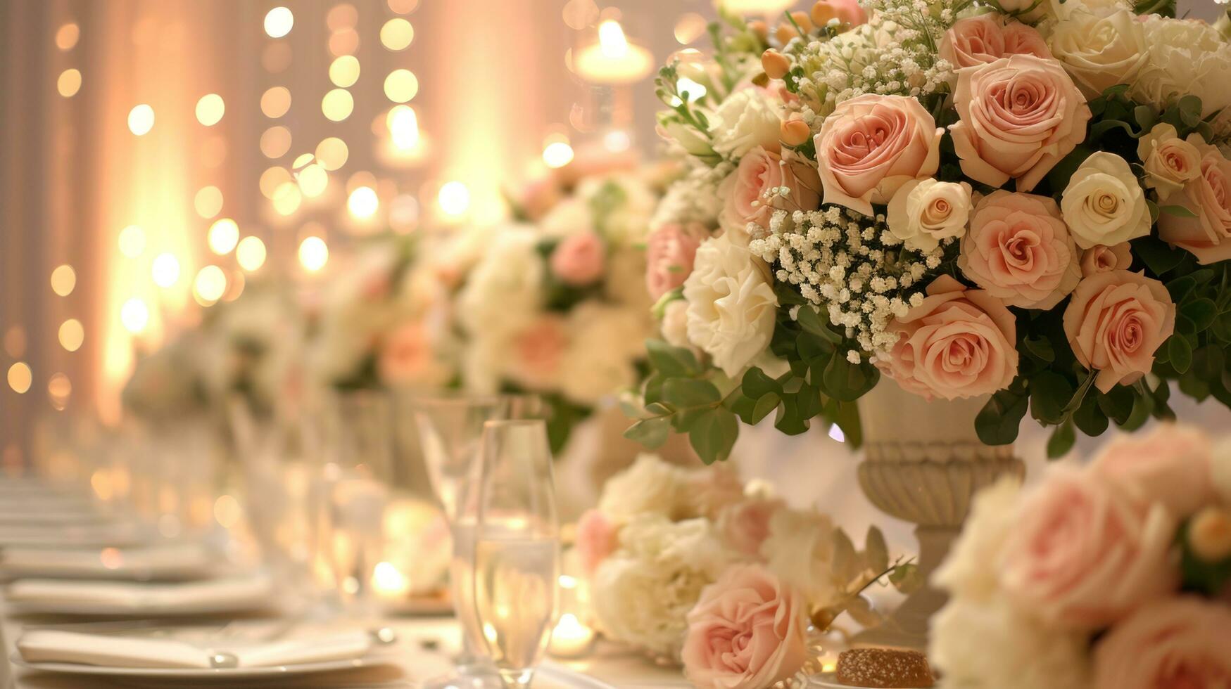 ai gegenereerd een bruiloft evenementenlocatie versierd met delicaat rozen, creëren een romantisch en betoverend sfeer foto