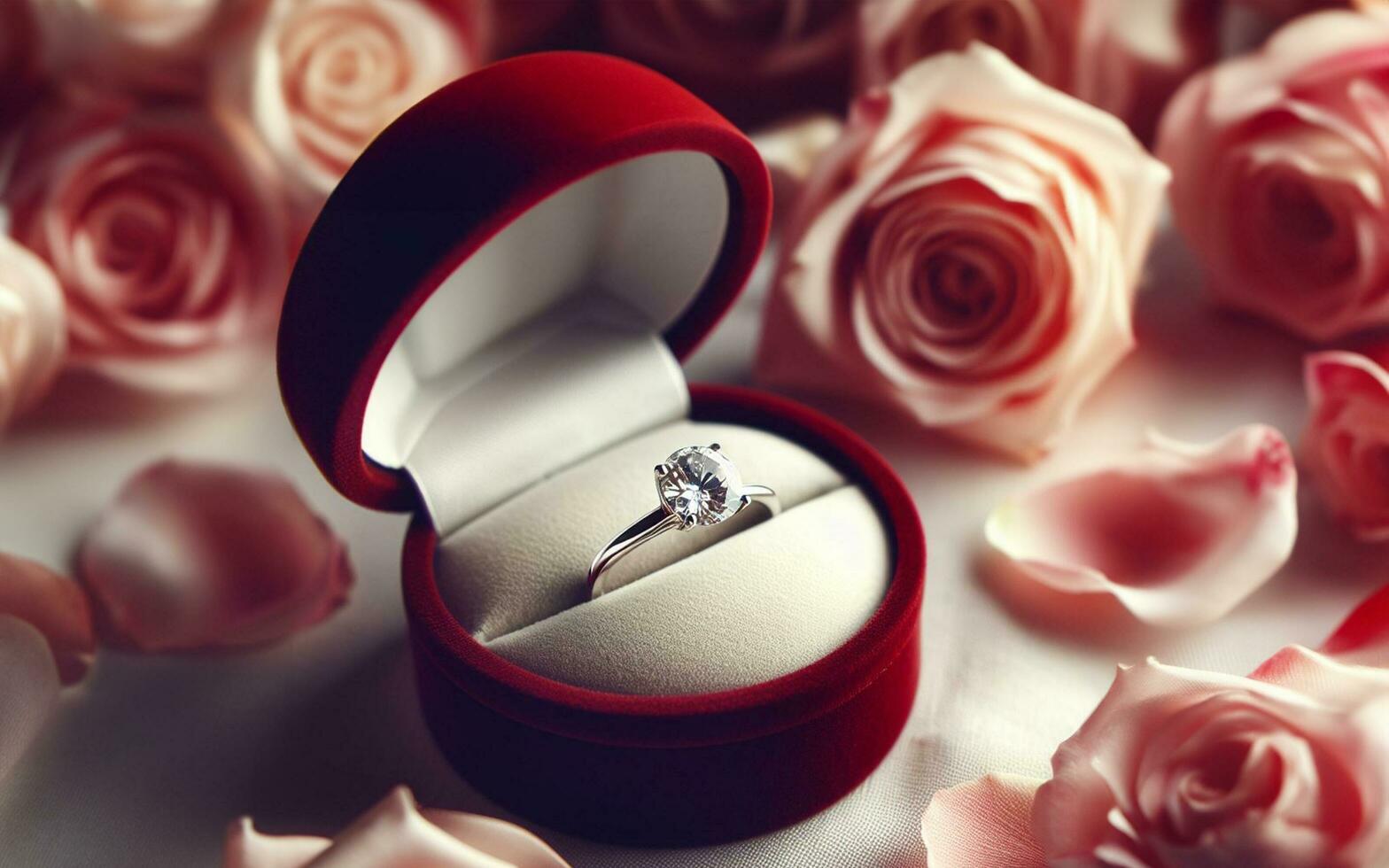 ai gegenereerd bruiloft ring, huwelijk voorstel, liefde bekentenis, diamant ring, lint en roos, Valentijnsdag dag liefde achtergrond foto