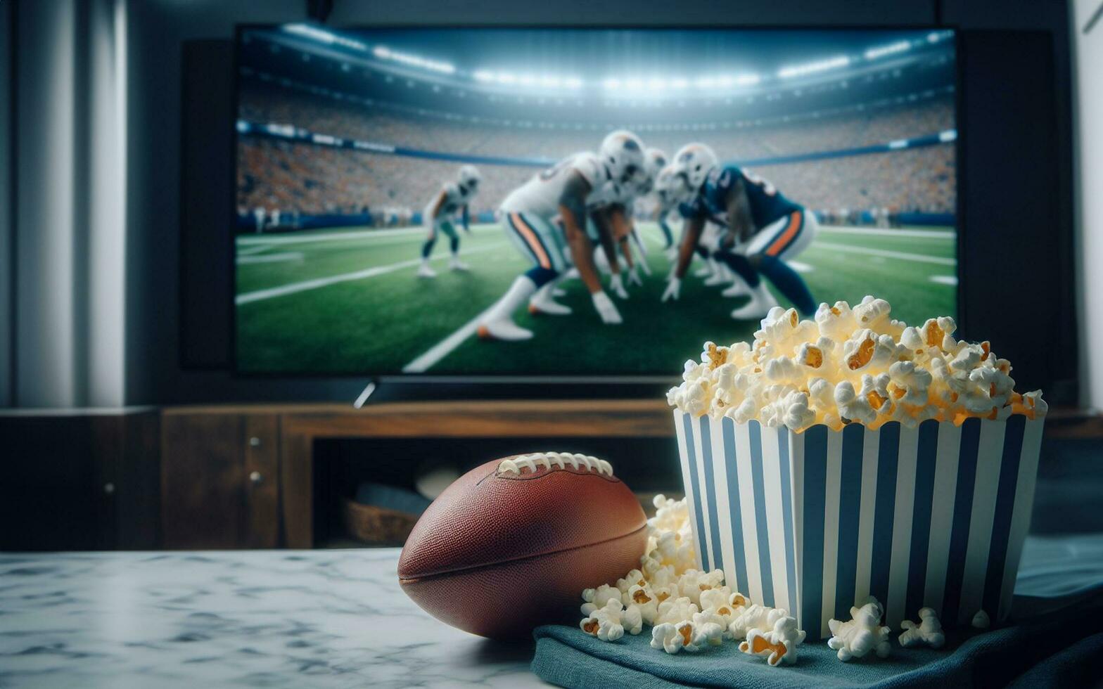 ai gegenereerd popcorn Aan de tafel in voorkant van de TV en leven uitzendingen van Amerikaans Amerikaans voetbal spellen in de leven kamer tijd van rust uit foto