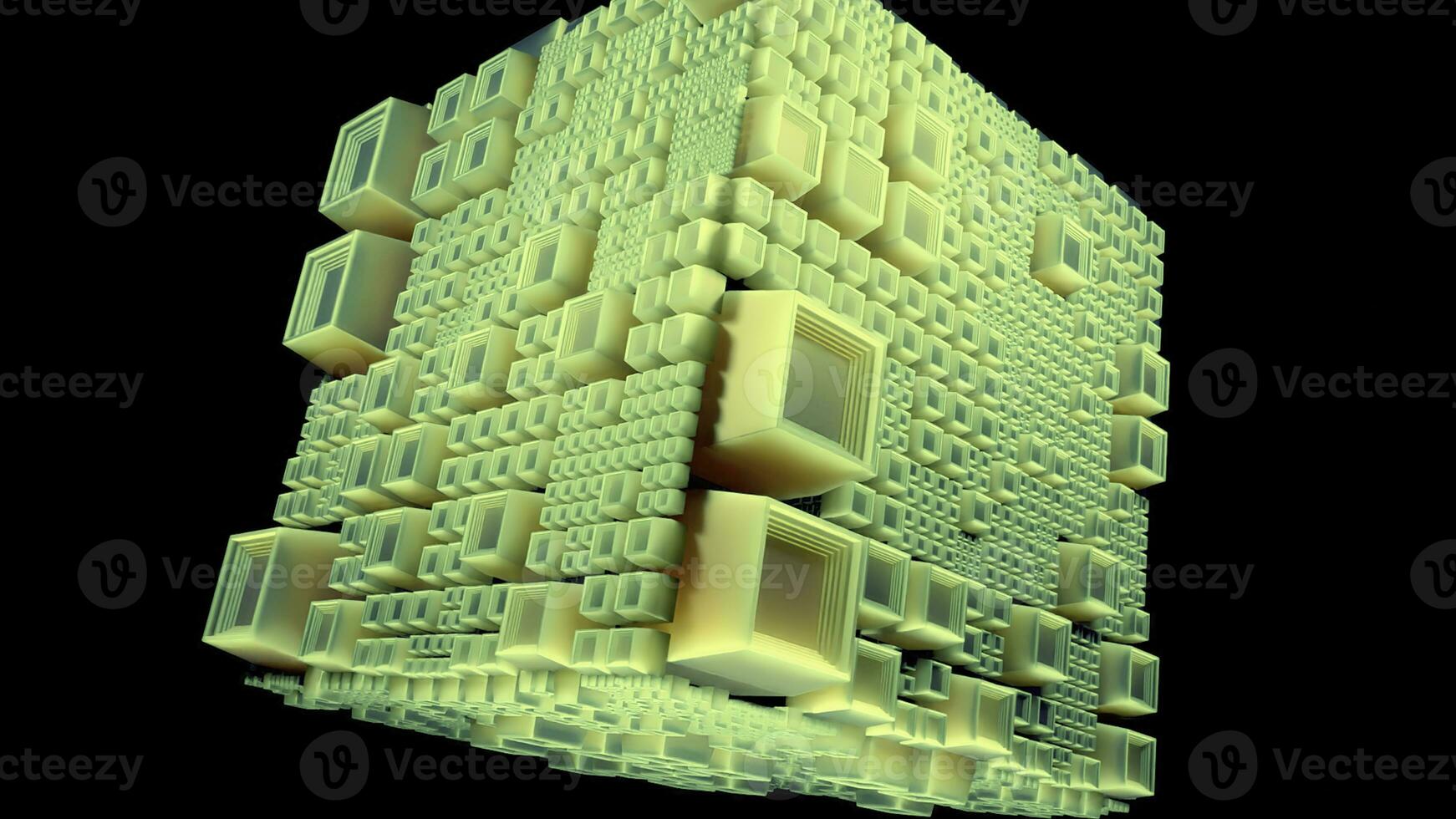 roterend kubus met futuristische textuur. ontwerp. 3d kubus met uitpuilend pleinen draait Aan zwart achtergrond. futuristische kubus ontwerp met plein 3d uitstulpingen foto