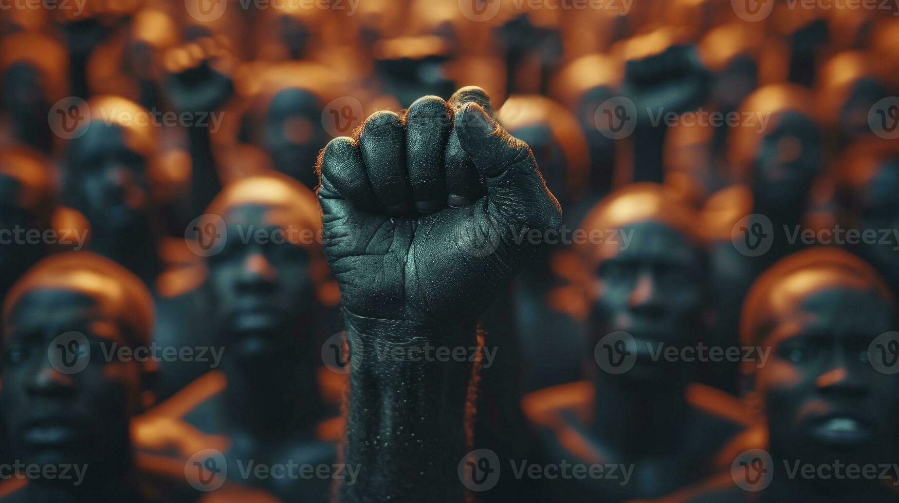 ai gegenereerd dichtbij omhoog van verheven vuist in voorkant van een groep van zwart mensen. foto