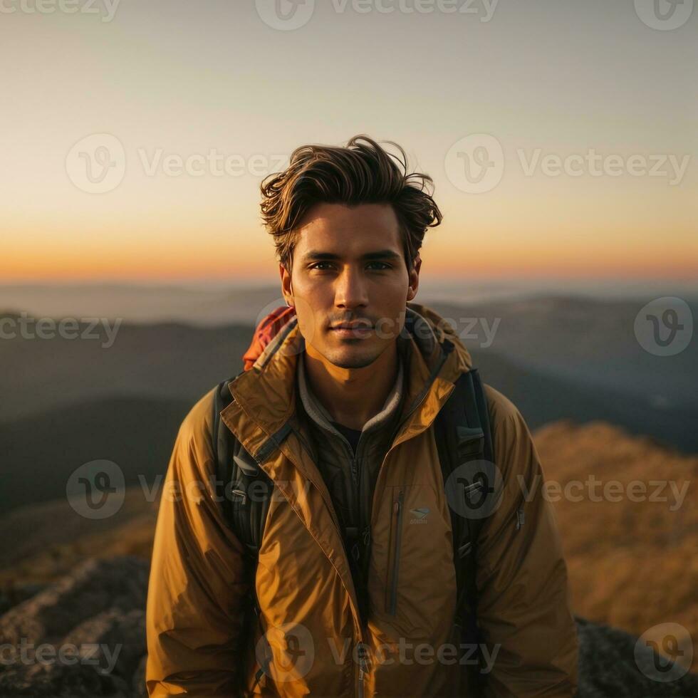 ai gegenereerd levendig wildernis eenzaam wandelaar silhouet Bij gouden schemering foto