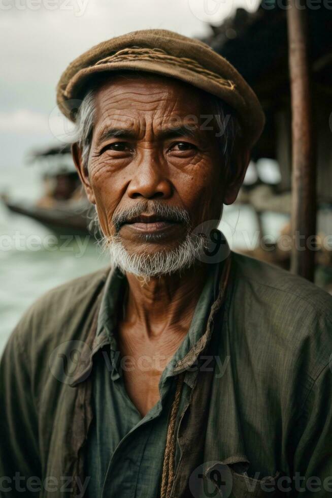 ai gegenereerd verhalen van de zee vastleggen de essence van een Indonesisch visser foto