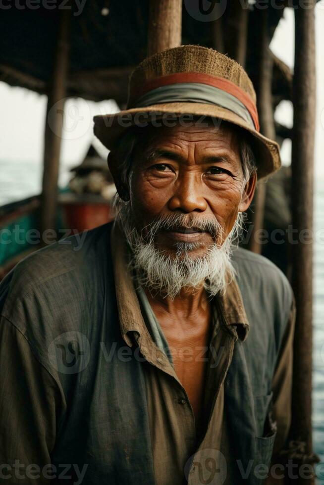 ai gegenereerd verhalen van de zee vastleggen de essence van een Indonesisch visser foto