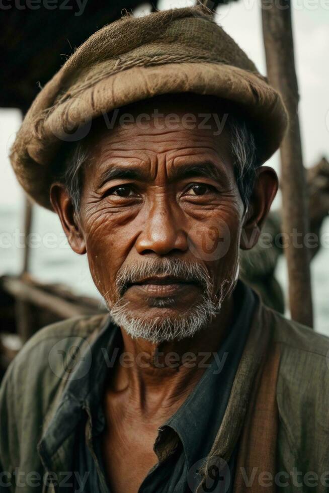 ai gegenereerd verhalen van de zee vastleggen de essence van een Indonesisch visser foto