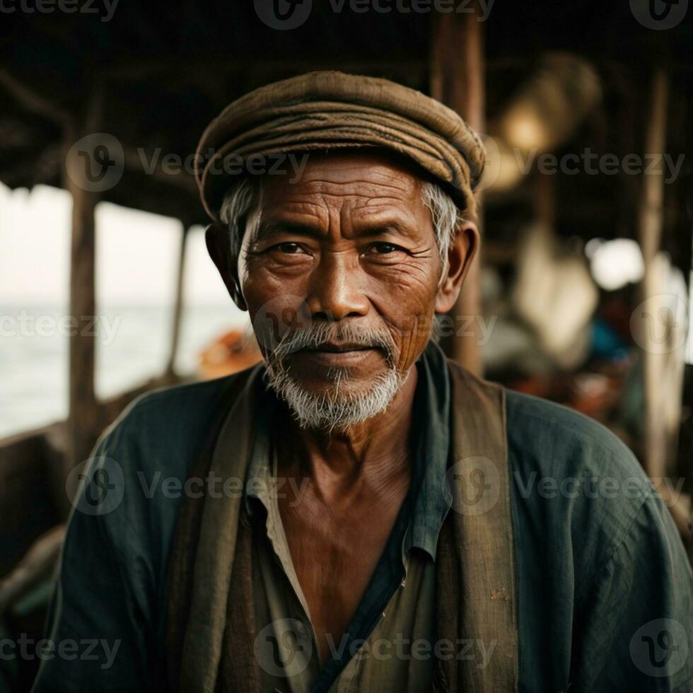 ai gegenereerd verhalen van de zee vastleggen de essence van een Indonesisch visser foto