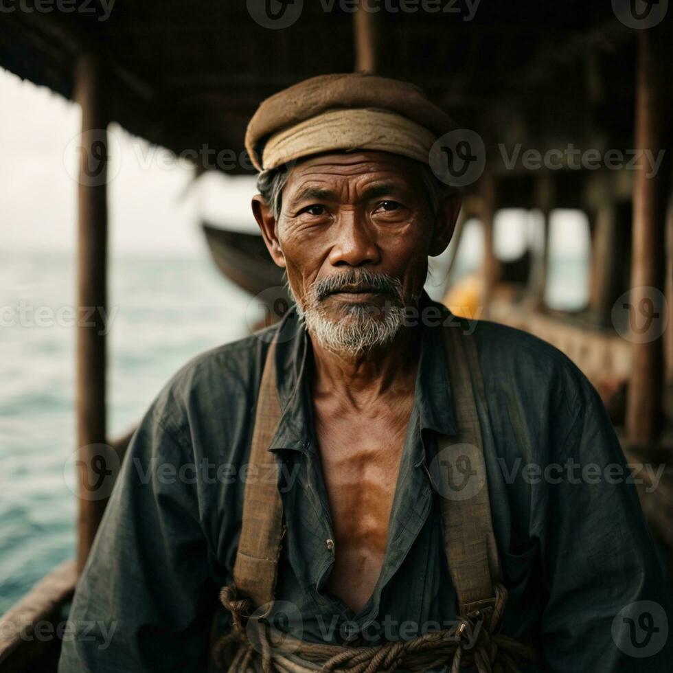 ai gegenereerd verhalen van de zee vastleggen de essence van een Indonesisch visser foto