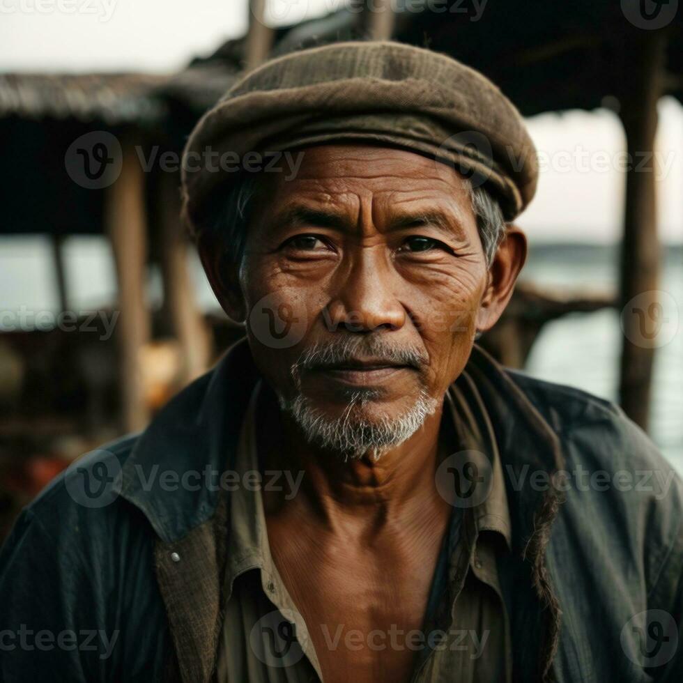 ai gegenereerd verhalen van de zee vastleggen de essence van een Indonesisch visser foto