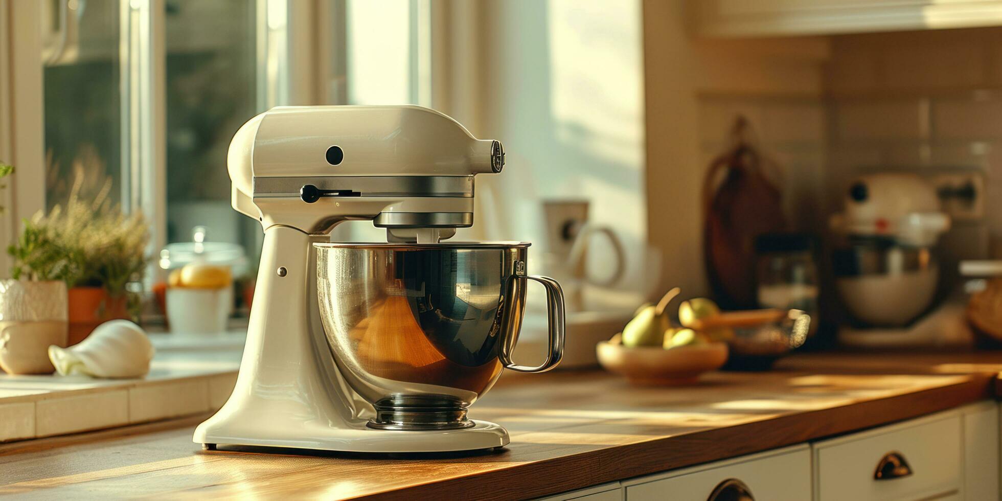 ai gegenereerd keuken klopper menger Aan houten tafel in keuken foto