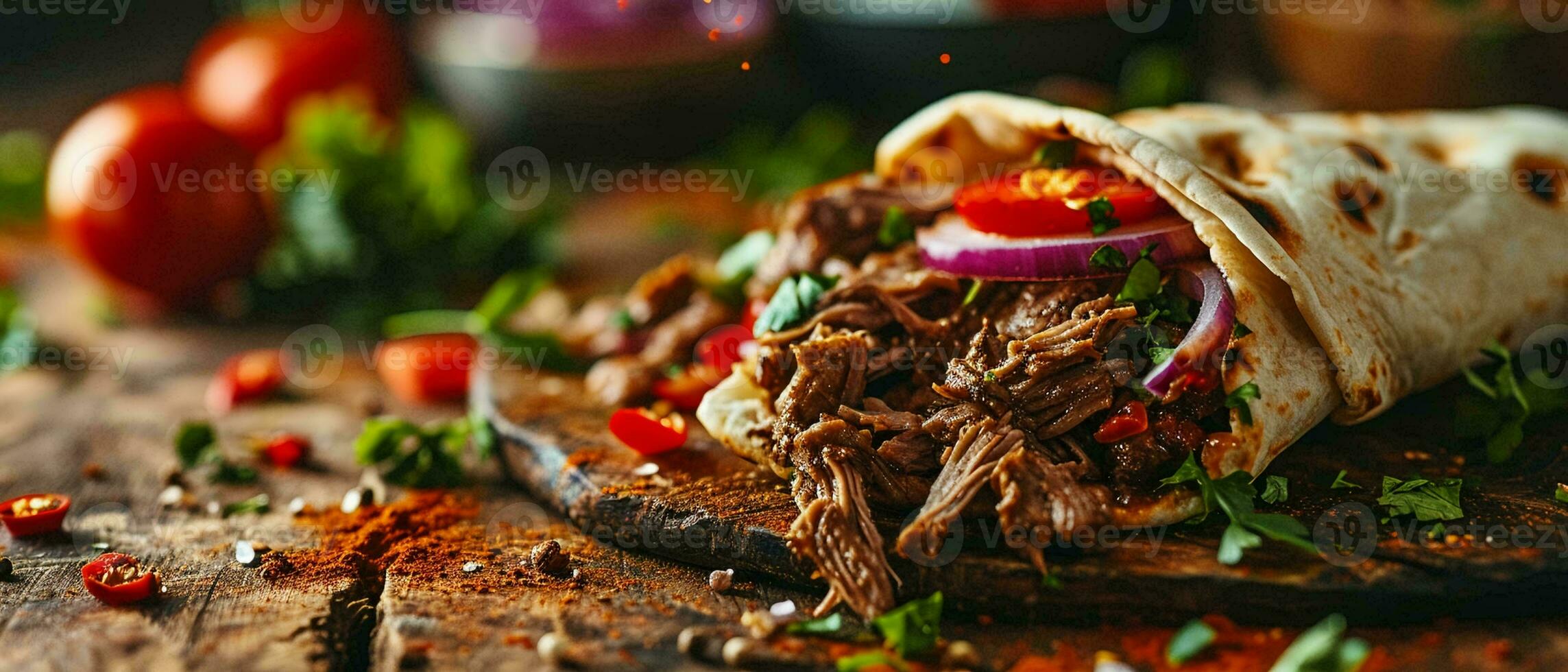 ai gegenereerd vers gegrild rundvlees Turks shoarma doner belegd broodje met vliegend ingrediënten en specerijen foto