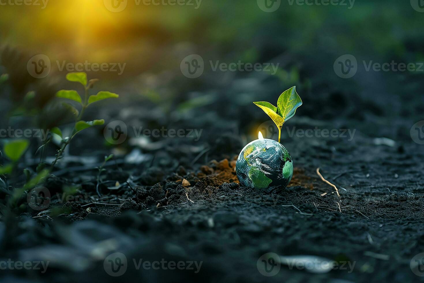 ai gegenereerd globaal aarde Aan bodem in Woud met varens en zon schijnen foto