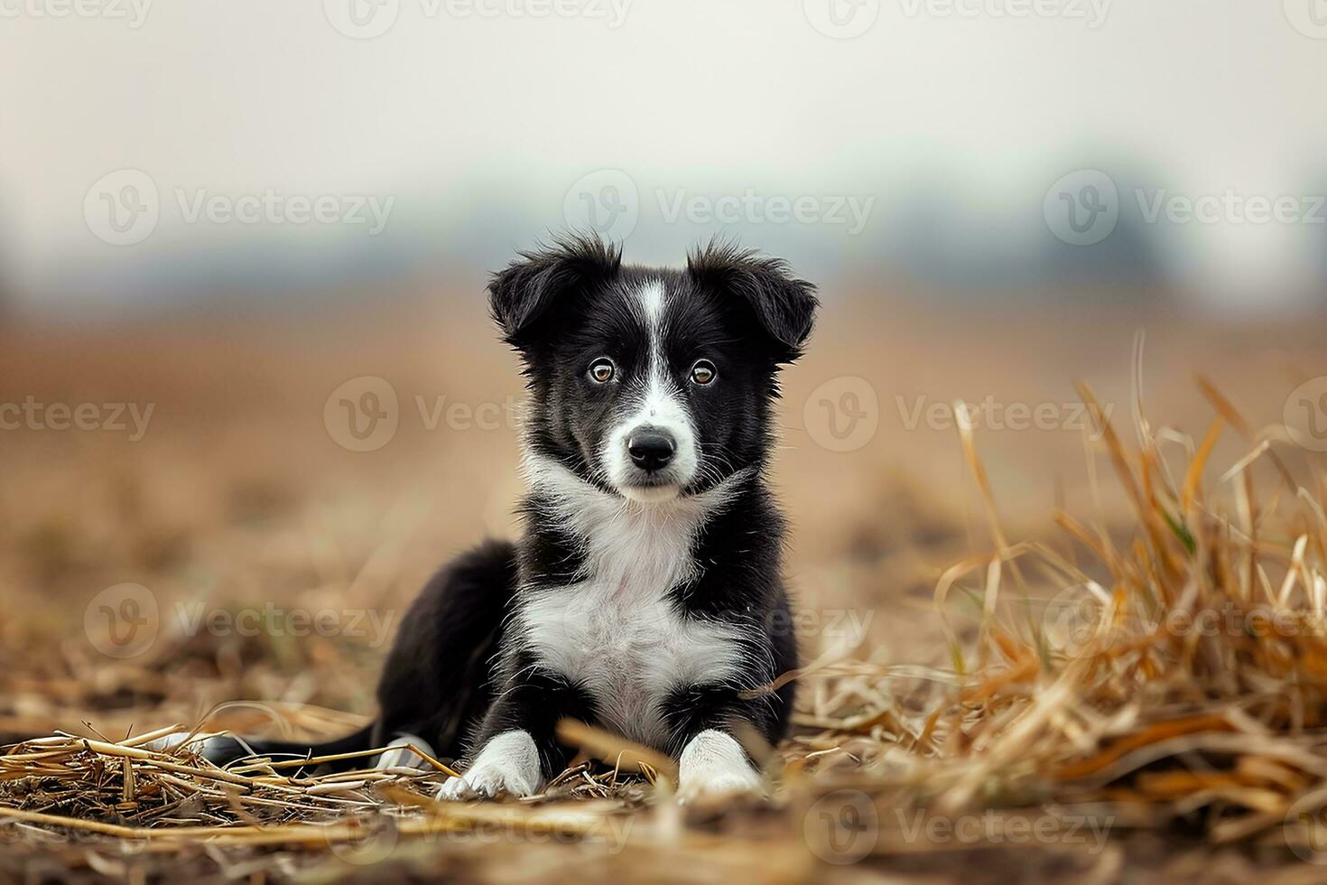 ai gegenereerd grens collie puppy in een stoppelveld foto