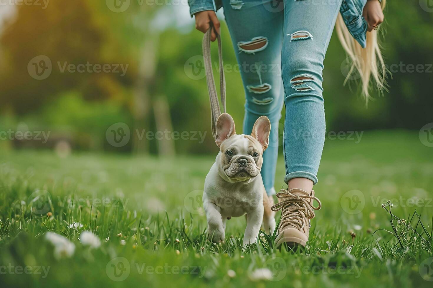 ai gegenereerd Amerikaans vrouw is spelen met haar Frans bulldog puppy terwijl wandelen in de hond park Bij gras gazon foto
