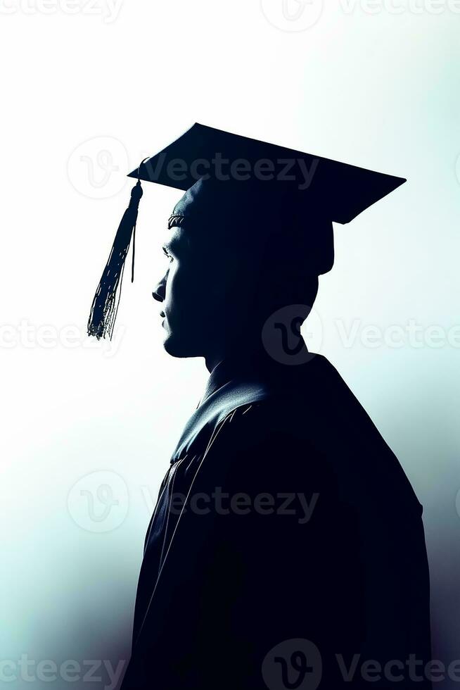 ai gegenereerd silhouet van diploma uitreiking leerling Aan wit achtergrond foto