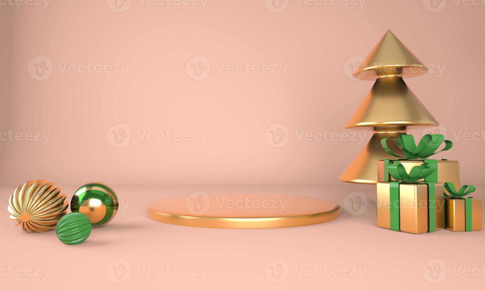 kerstachtergrond met kerstboom en podium voor productweergave. 3D-rendering. foto