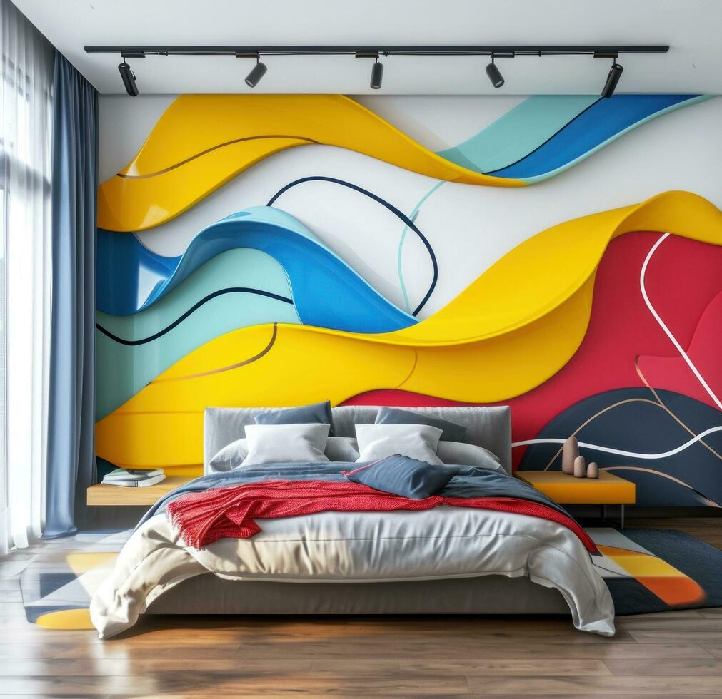 ai gegenereerd helder slaapkamer muurschildering met abstract ontwerp geel foto