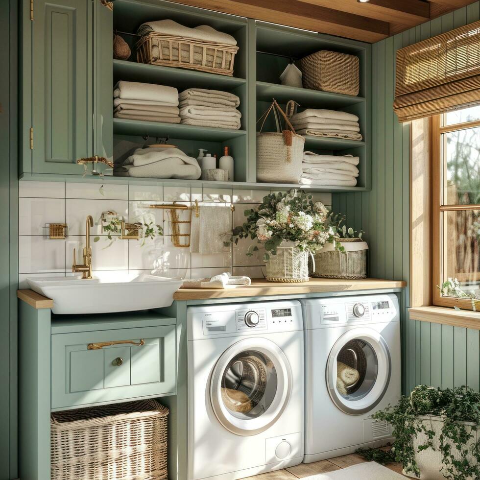 ai gegenereerd naar maken wasserij kijken meer luxueus, opt voor een toestel met twee het wassen machines en een wastafel foto