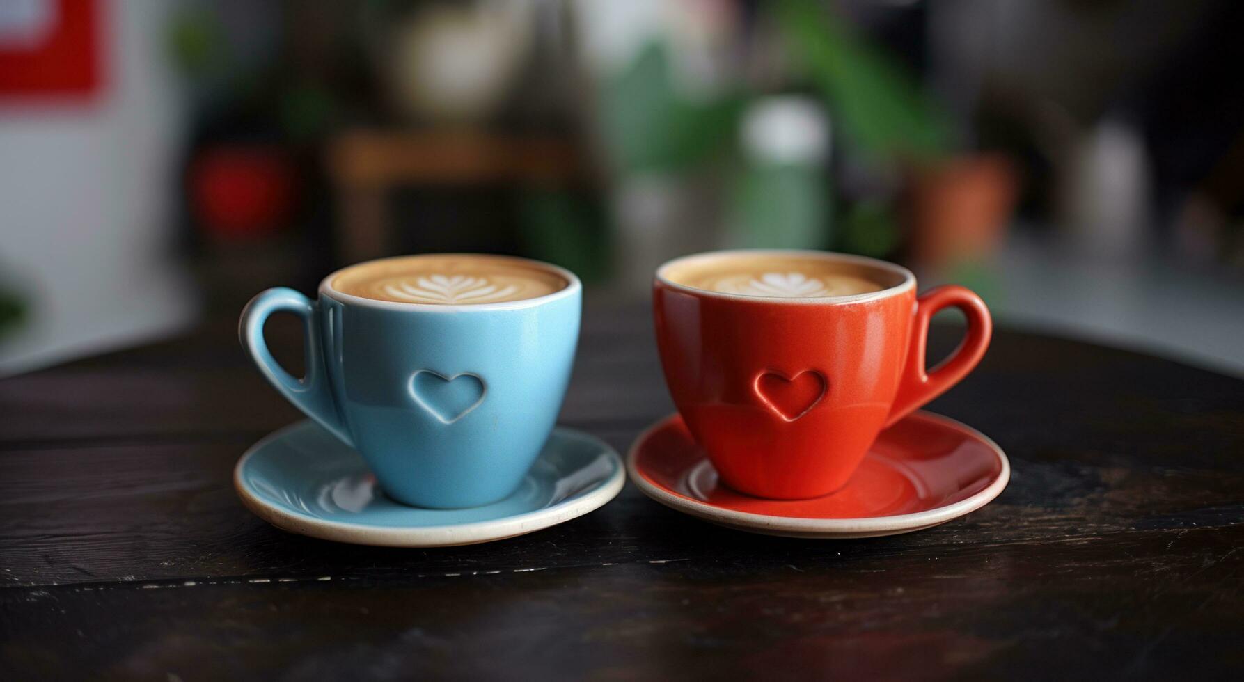 ai gegenereerd twee Valentijn cups van koffie Aan een donker tafel foto