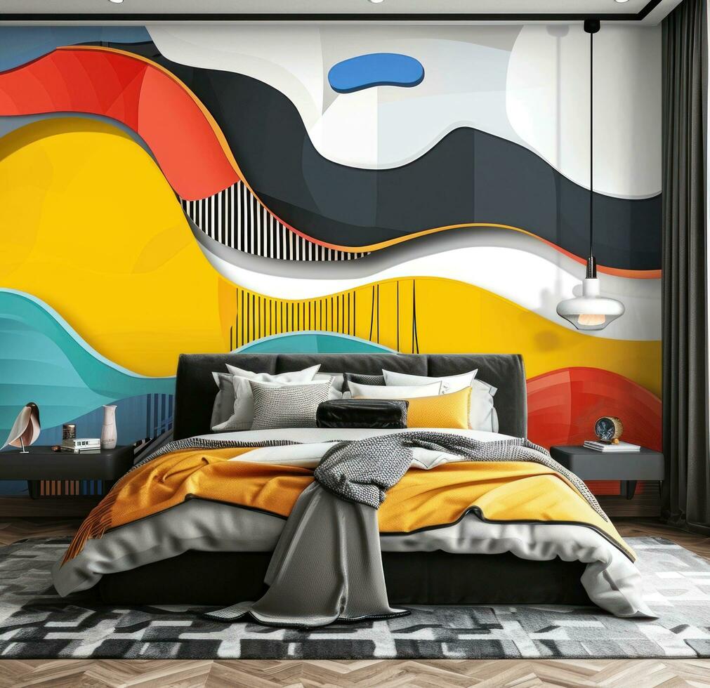 ai gegenereerd helder slaapkamer muurschildering met abstract ontwerp geel foto