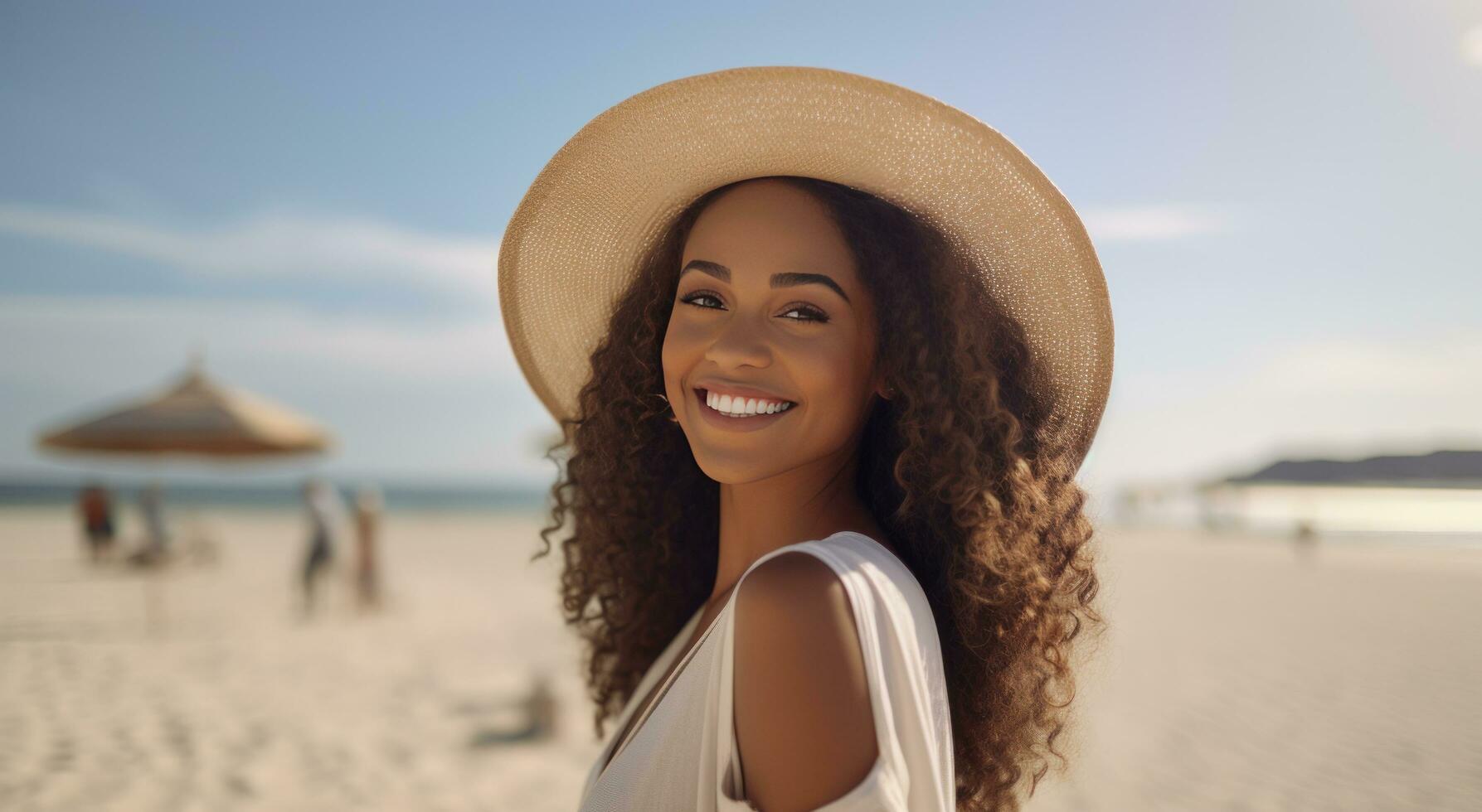 ai gegenereerd een vrouw model- glimlachen terwijl wandelen Aan de strand foto