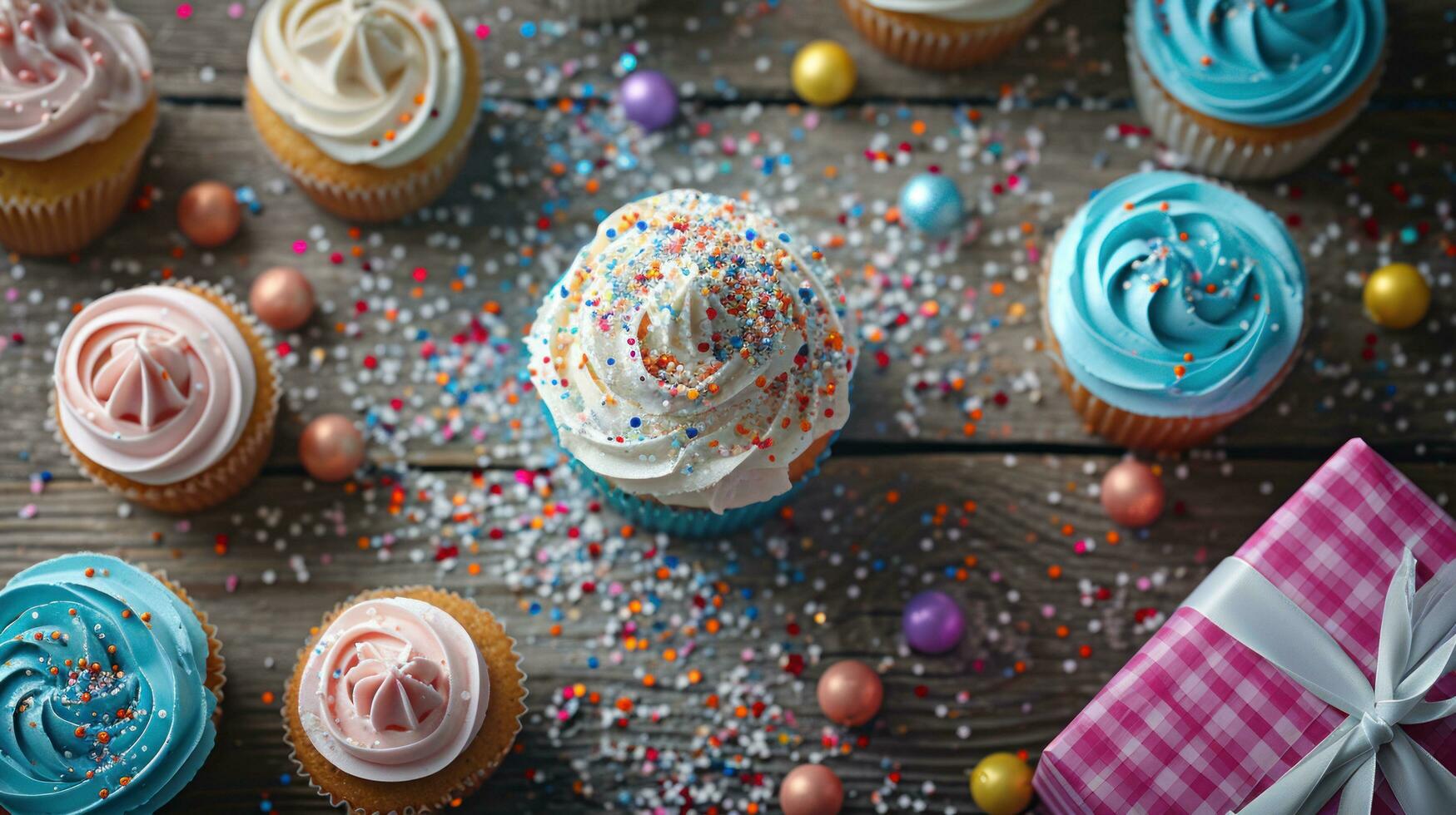 ai gegenereerd levendig confetti wervelingen in de omgeving van een tafel reeks met cupcakes foto