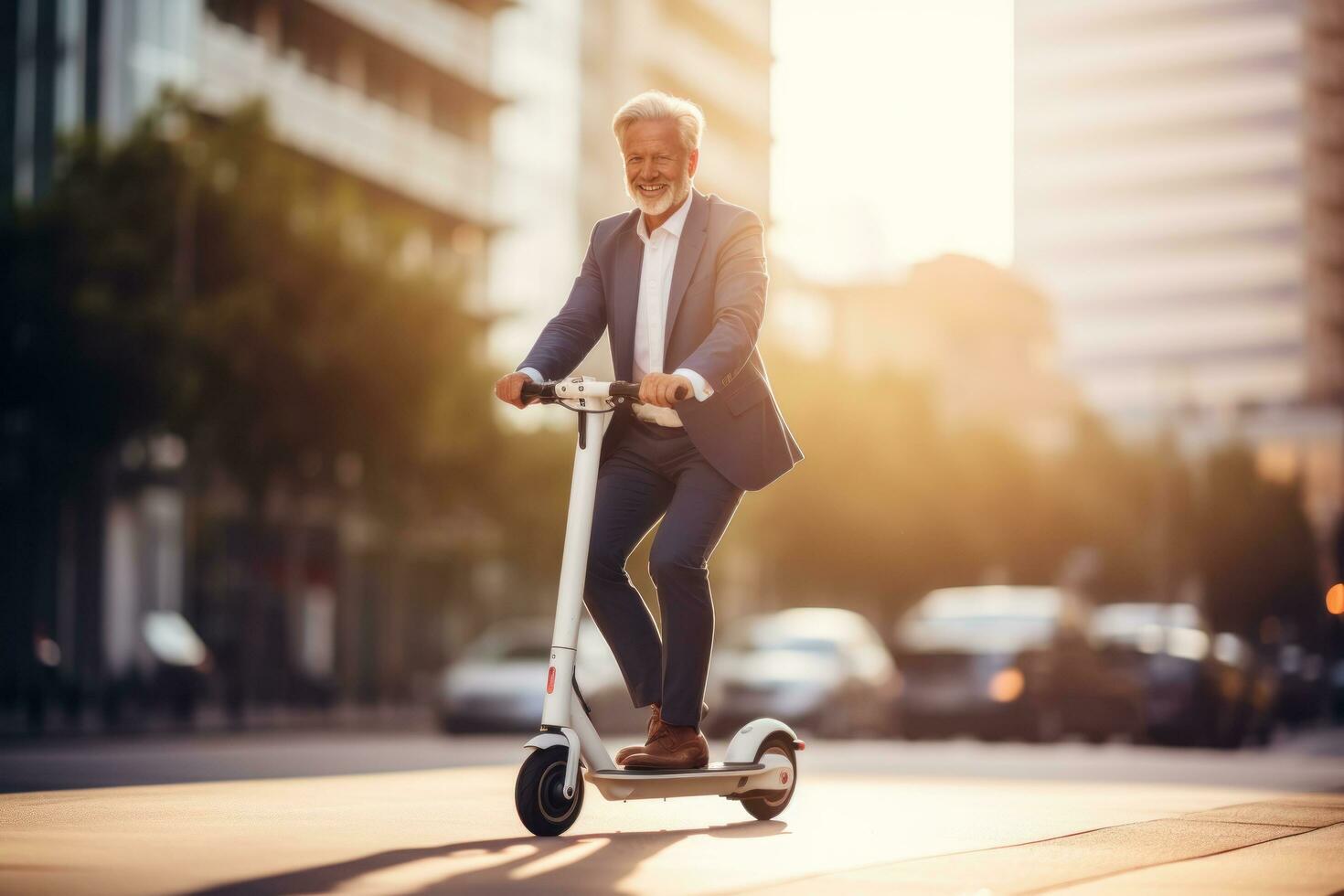 ai gegenereerd een ouder mannetje zakenman rijden een elektrisch scooter foto