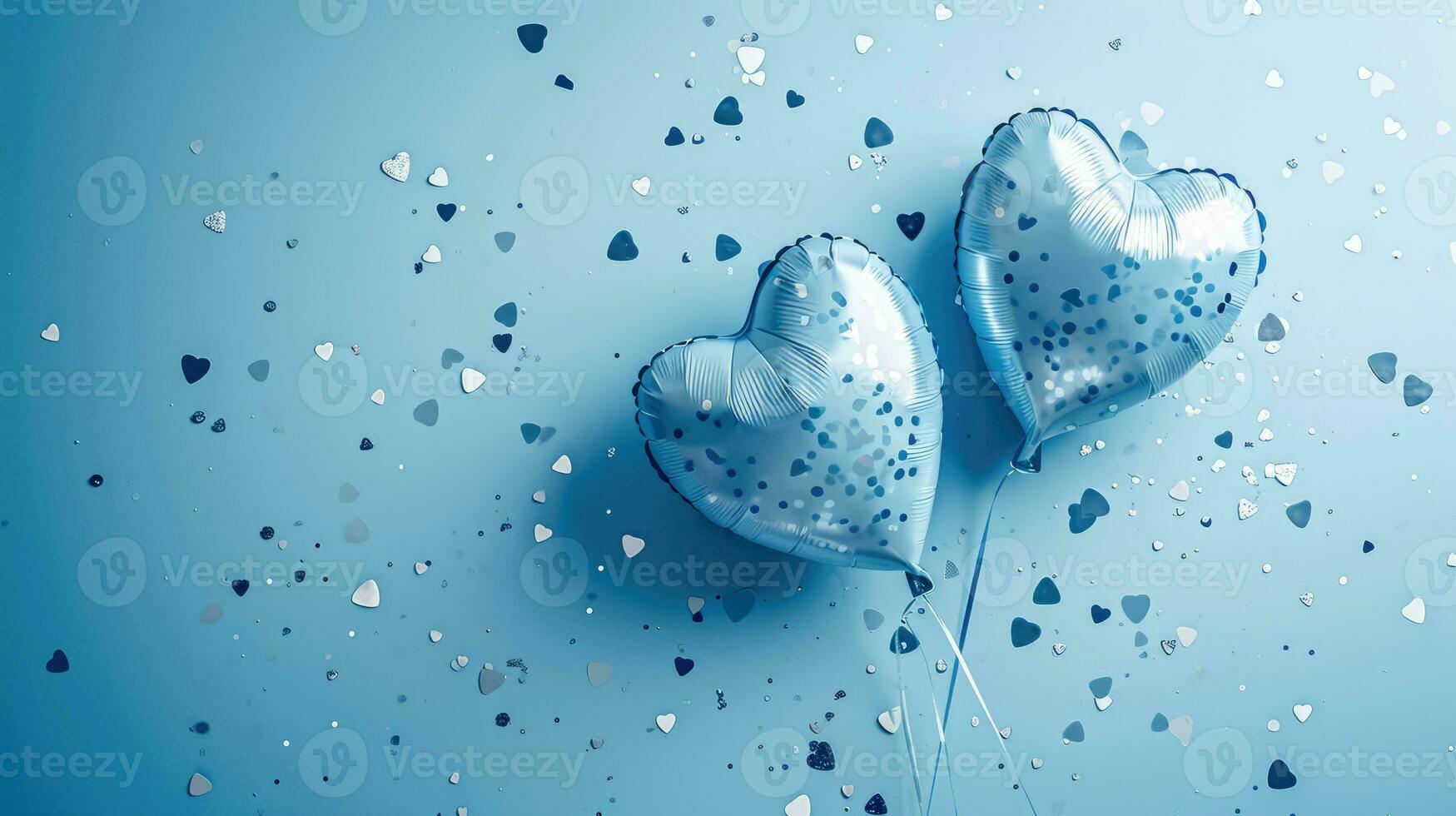 ai gegenereerd generatief ai, folie blauw ballonnen in hart vorm en confetti voor Valentijnsdag dag of bruiloft met kopiëren ruimte foto