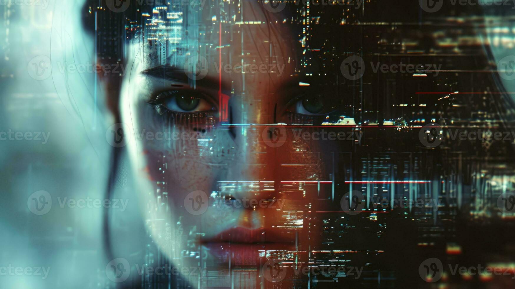 ai gegenereerd generatief ai, model- vrouw portret in cyberpunk stijl, foto met beschadigd korrelig structuur