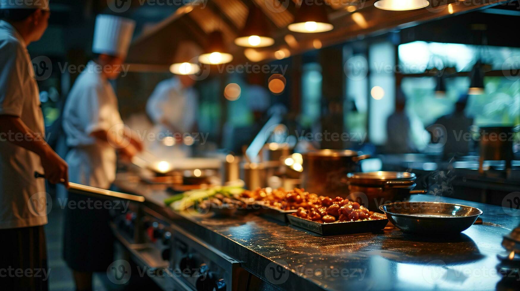 ai gegenereerd generatief ai, bezig koks werken Aan de restaurant keuken , wazig achtergrond foto