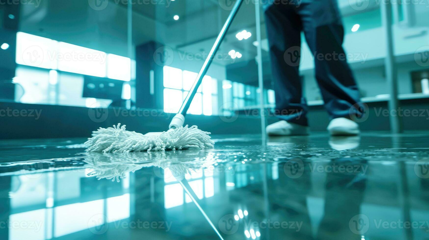 ai gegenereerd generatief ai, huishouding, schoonmaak, persoon met een dweilen naar schoon de vloer. kantoor of huiselijk arbeider, schoonmaakster en huisvrouw foto