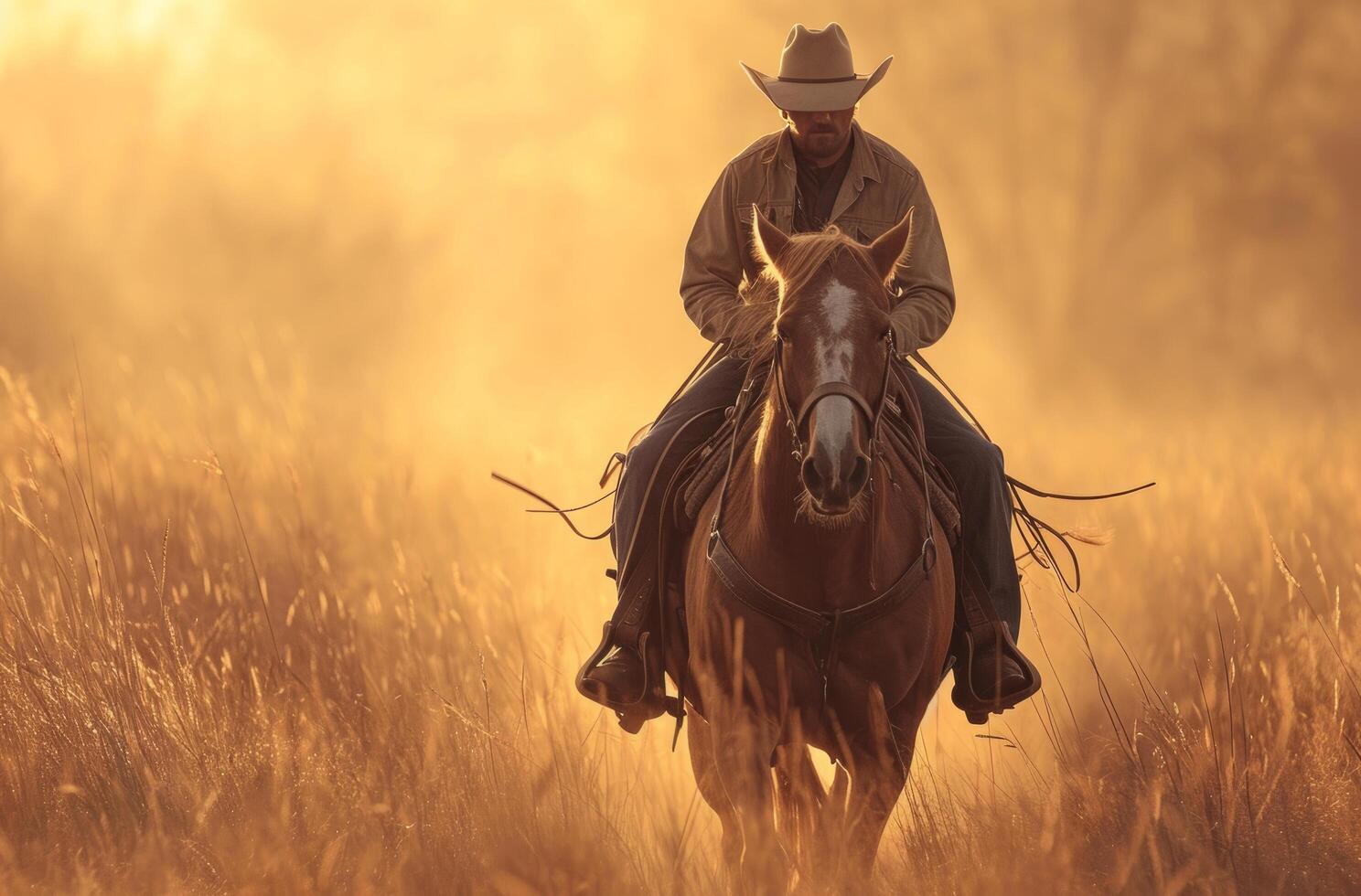 ai gegenereerd een vent in een hoed en cowboy hoed is rijden zijn paard, licht bruin en donker amber foto