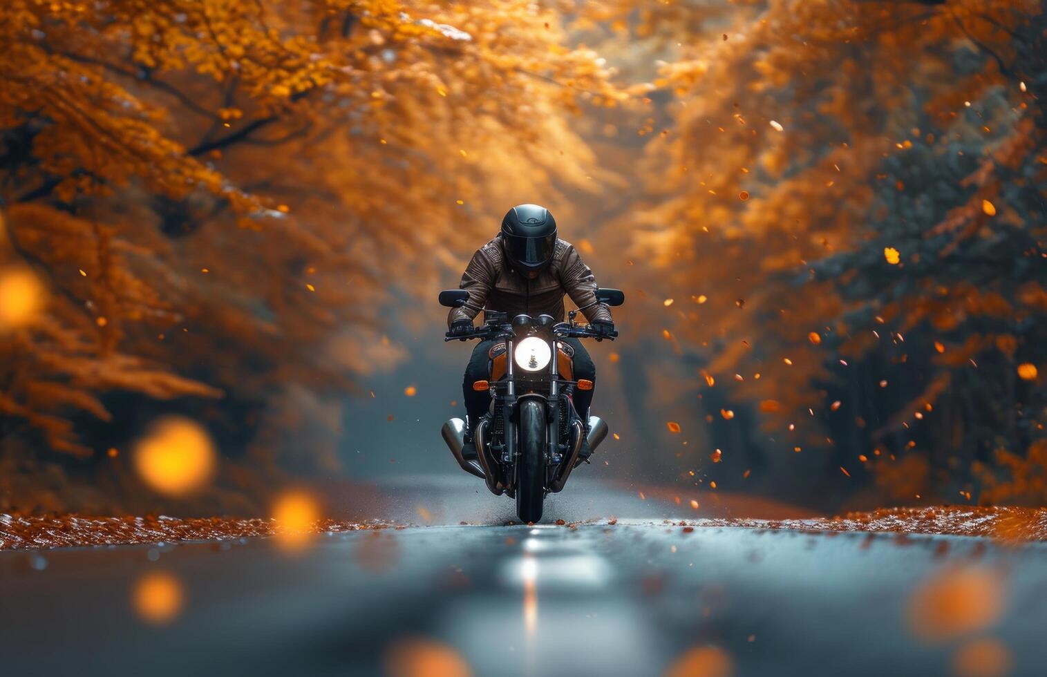 ai gegenereerd een motorfiets rijder Aan een weg in herfst foto