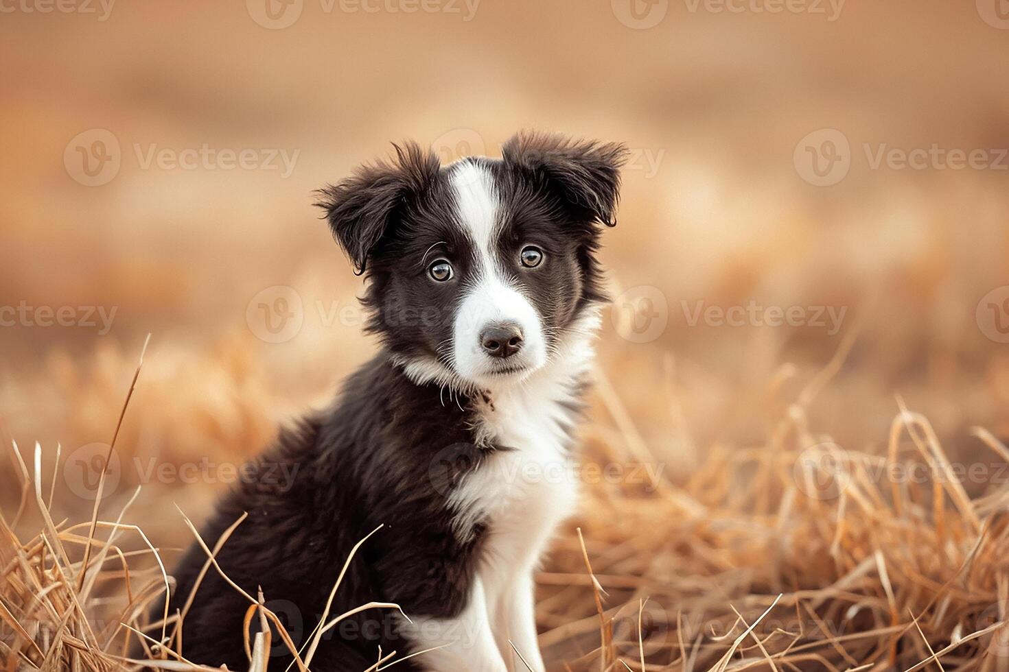 ai gegenereerd grens collie puppy in een stoppelveld foto