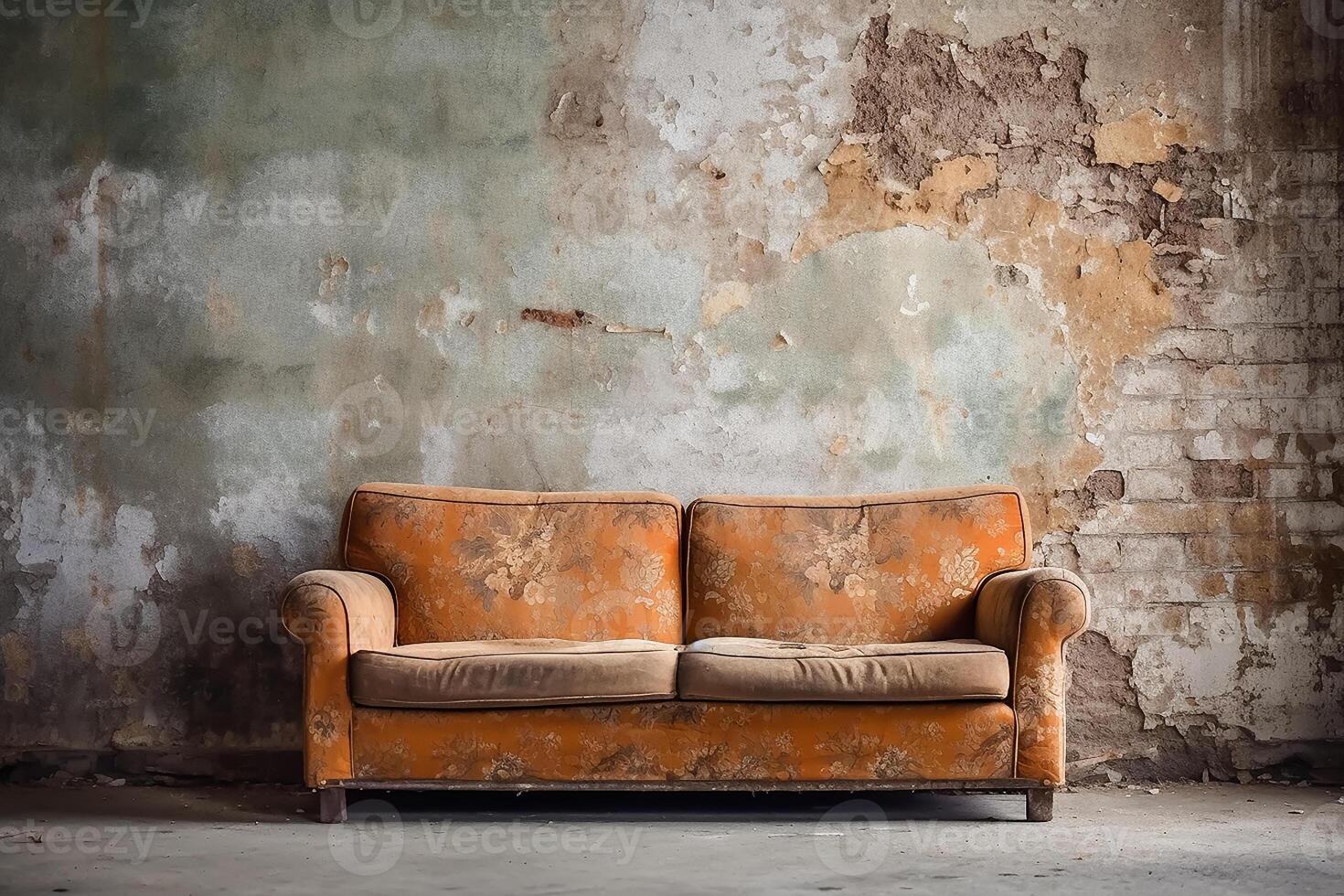 ai gegenereerd detailopname fotograaf van oud sofa in voorkant van oud muur foto