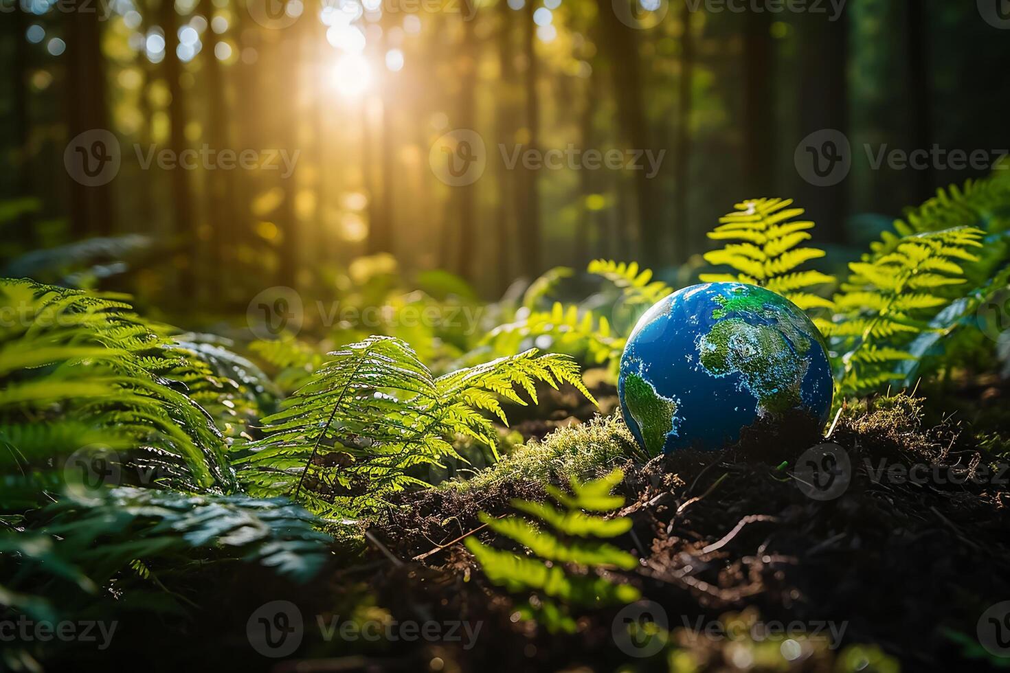 ai gegenereerd globaal aarde Aan bodem in Woud met varens en zon schijnen foto