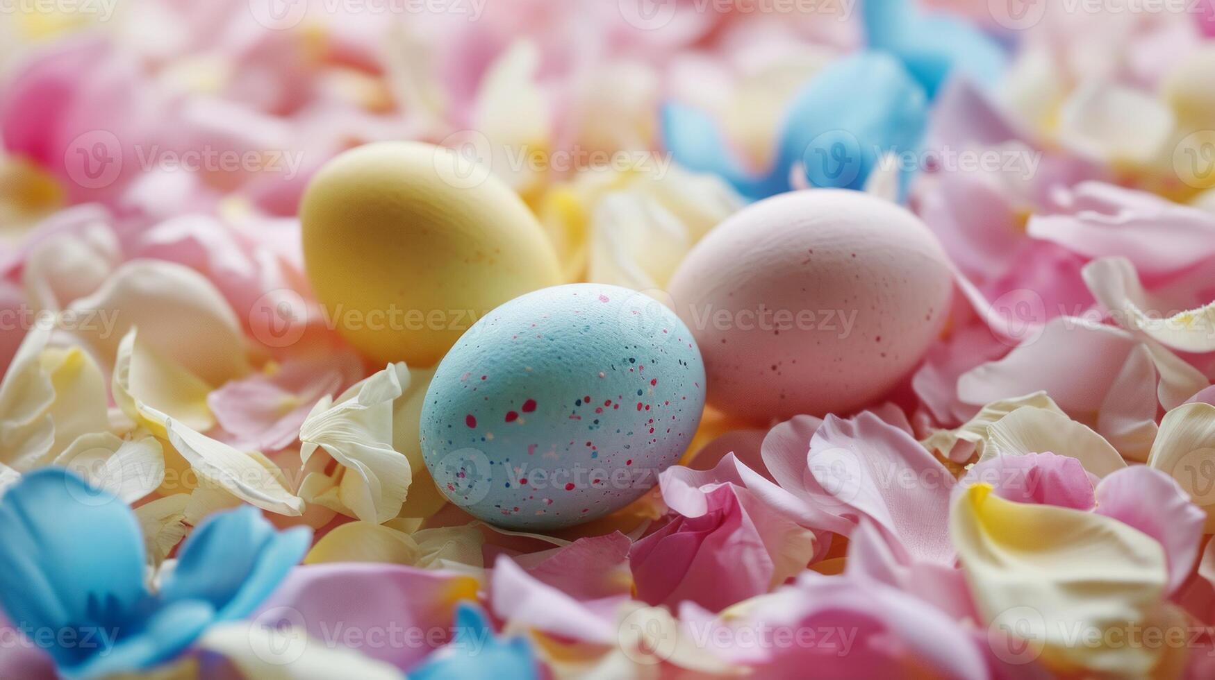 ai gegenereerd gekleurde Pasen eieren Aan een achtergrond van bloem bloemblaadjes, voorjaar samenstelling. zacht geel- goud blauw en wit kleuren, roze en blauw bloemblaadjes foto